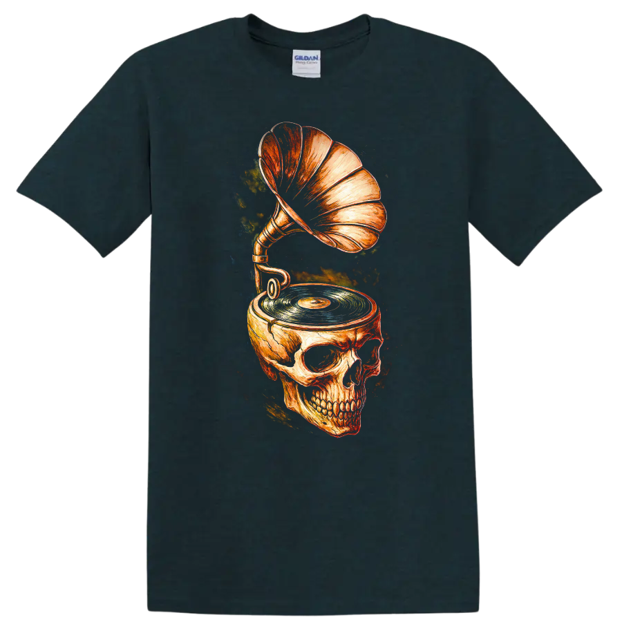 Vintage skull gramophone and turntable graphic with vinyl record on a Midnight (Green) T Shirt