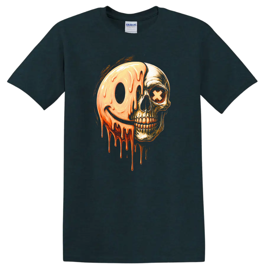 Vintage gothic skull with a melting orange smiley face and X eye graphic on a Midnight (Green) T Shirt