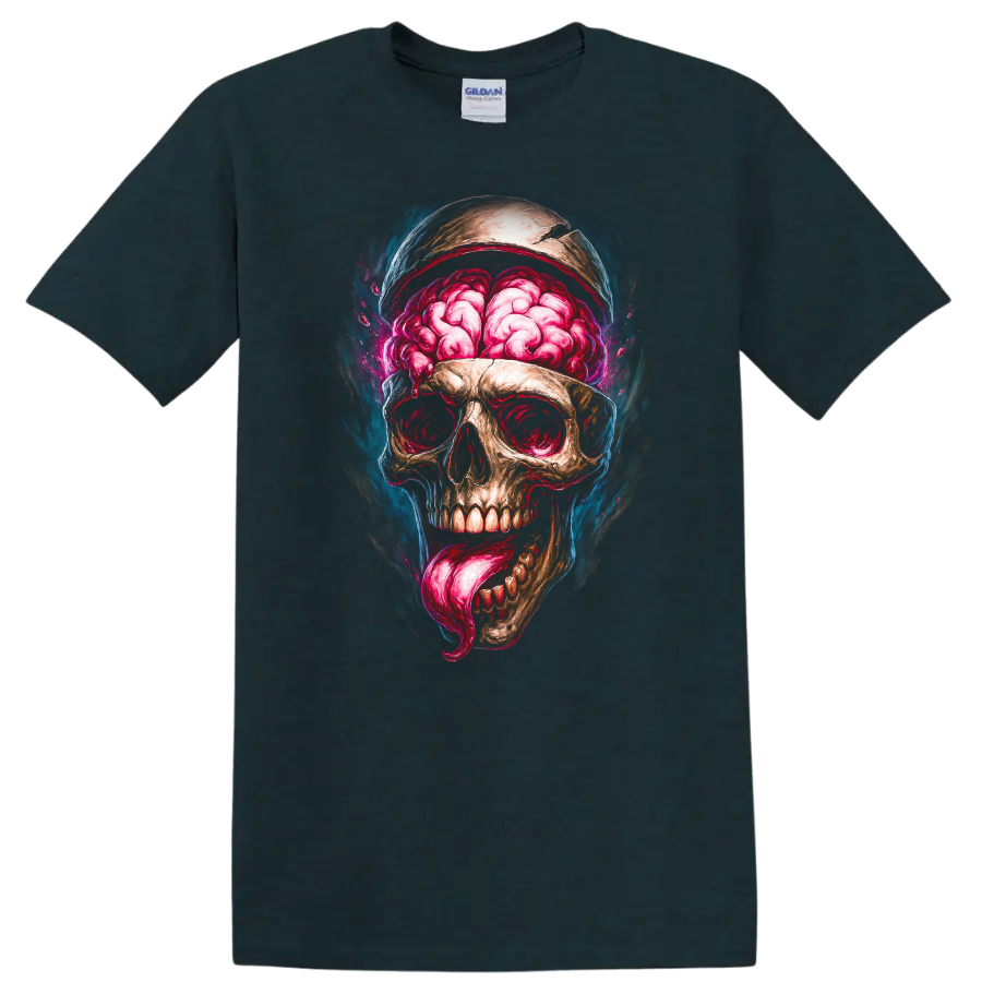 Exposed brain skull with pink tongue in vivid gothic horror illustration on a Midnight (Green) T Shirt