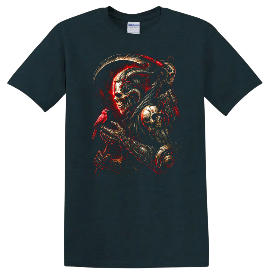 Mechanical skeleton reaper with skull armor, red bird, and fiery gothic art on a Midnight (Green) T Shirt