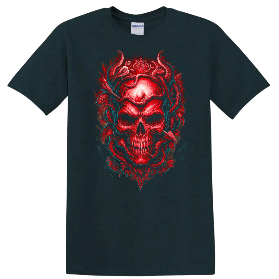 Red horned skull with crystal, gothic floral ornament, and teal vines on a Midnight (Green) T Shirt
