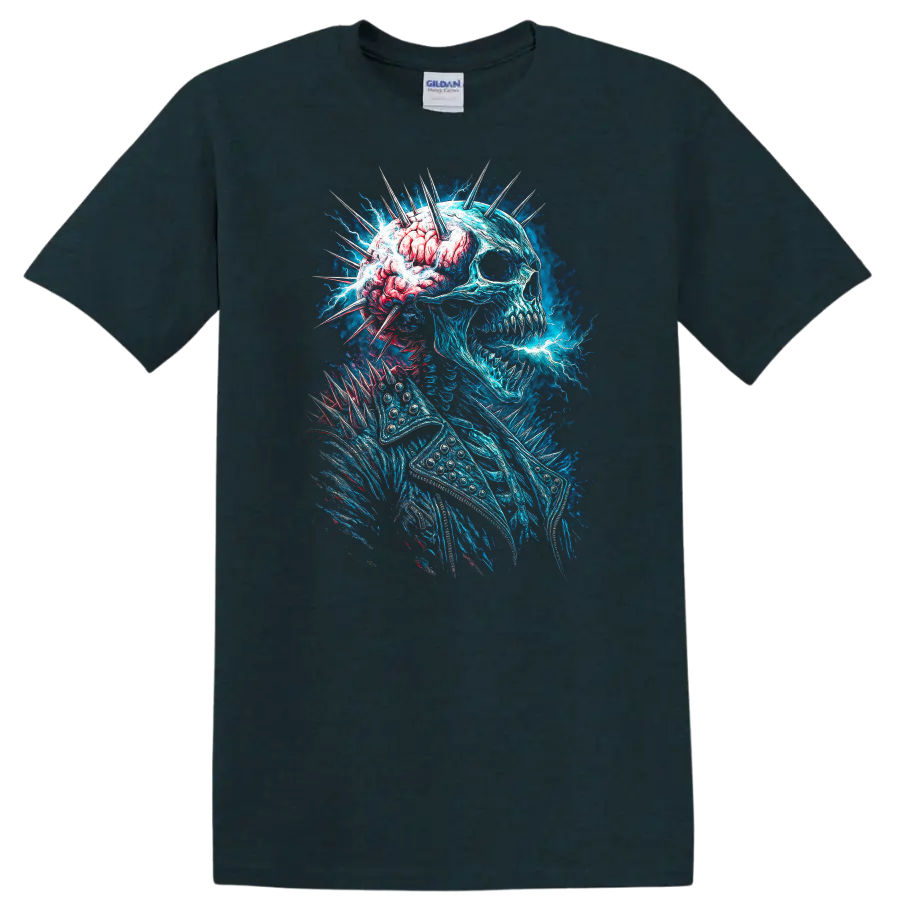 Electric blue skull with exposed brain, spikes, and gothic horror energy art on a Midnight (Green) T Shirt