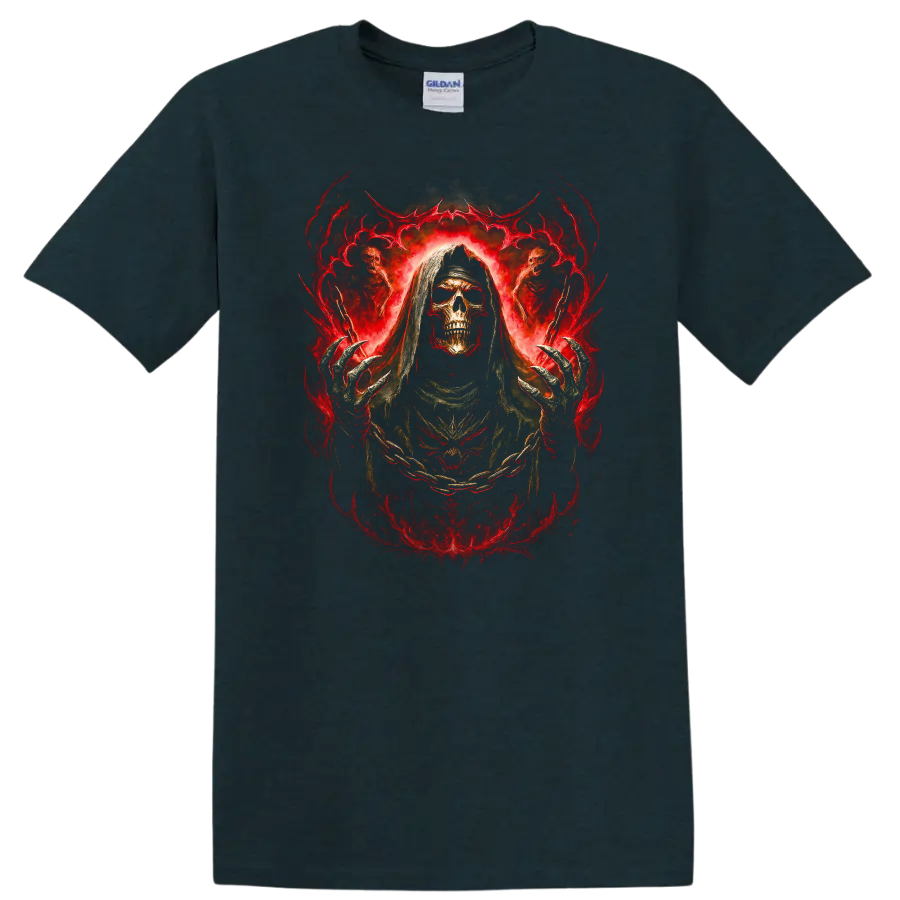 Hooded skull Grim Reaper in fiery red gothic horror artwork on a Midnight (Green) T Shirt