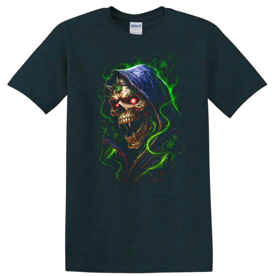Hooded skull with glowing red eye and neon green flames in gothic horror art on a Midnight (Green) T Shirt