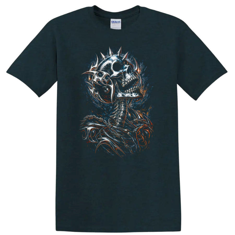 Spiked skeleton skull in distressed gothic horror art with smoky fiery accents on a Midnight (Green) T Shirt