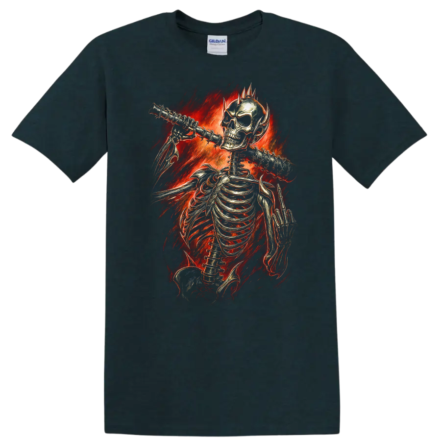 Vintage gothic skeleton playing flute amid fiery red flames on a Midnight (Green) T Shirt