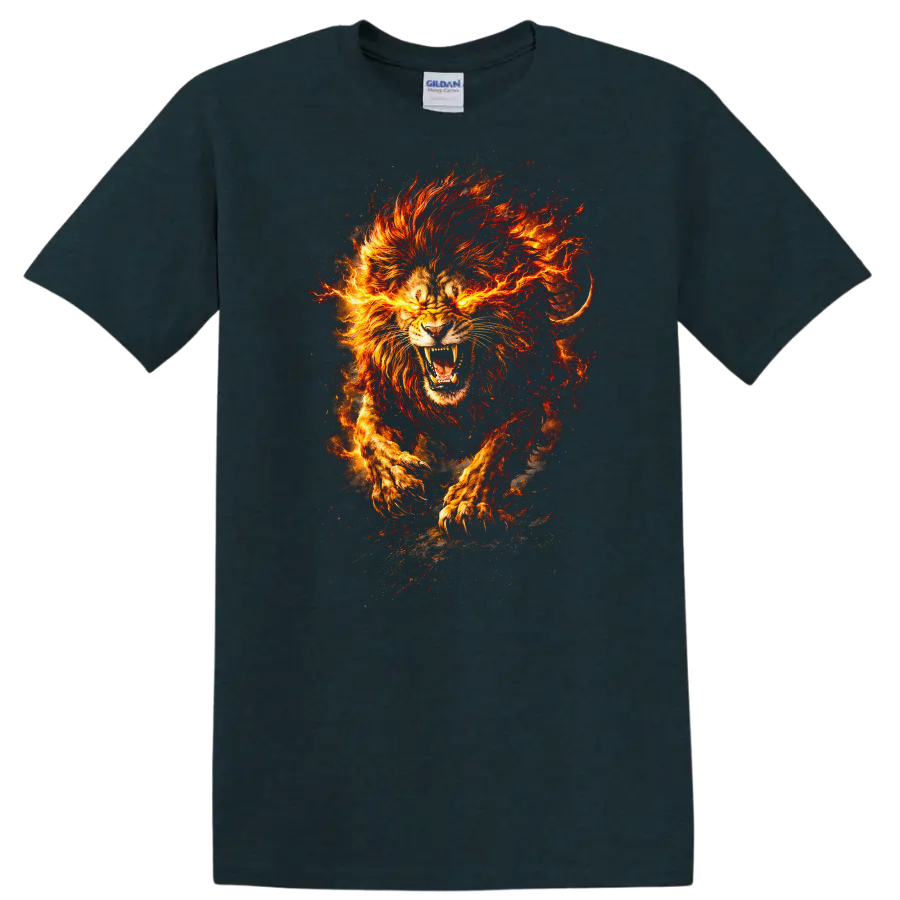 Fiery Lion Head Art T Shirt Roaring Flame Animal Graphic - Midnight (Green)