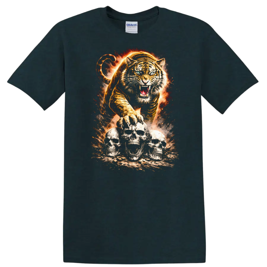 Roaring Tiger and Skull Trio Fierce Animal Graphic T Shirt - Midnight (Green)
