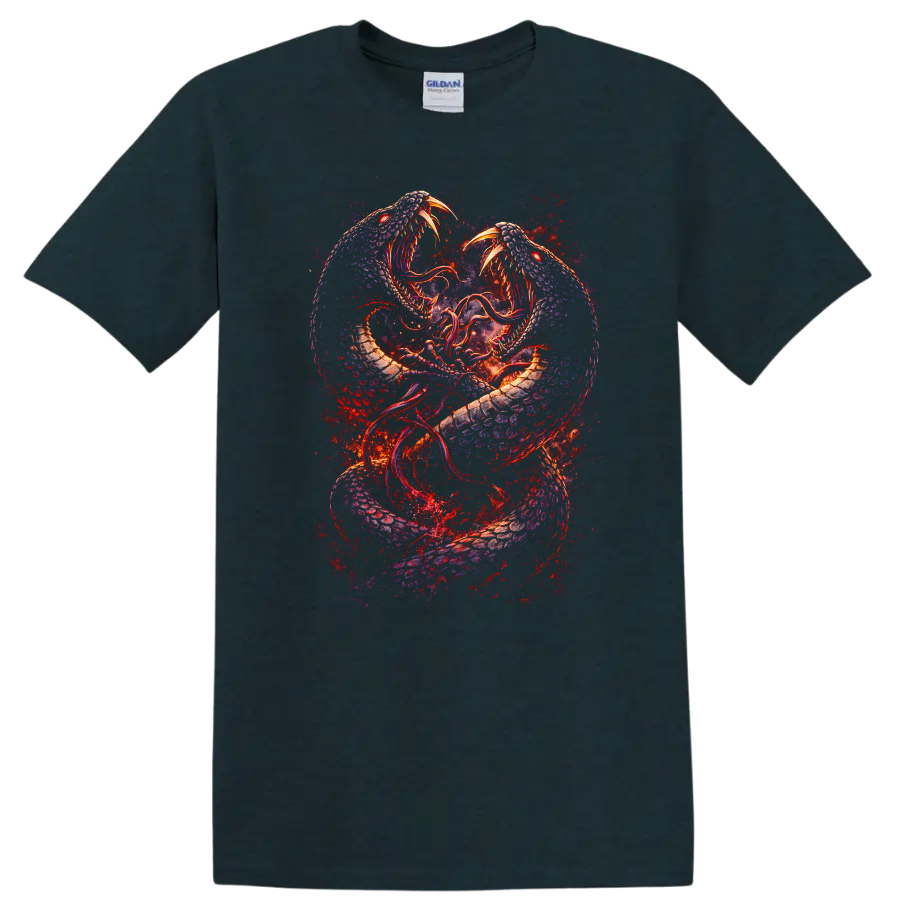Twin Serpent Dragon Clash Fantasy Art T Shirt for Animal Lovers - Midnight (Green)
