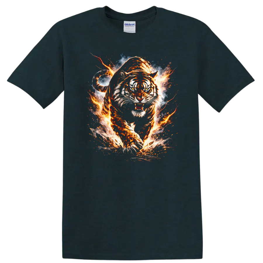 Fiery Tiger Attack Graphic T Shirt Bold Animal Wild Style - Midnight (Green)