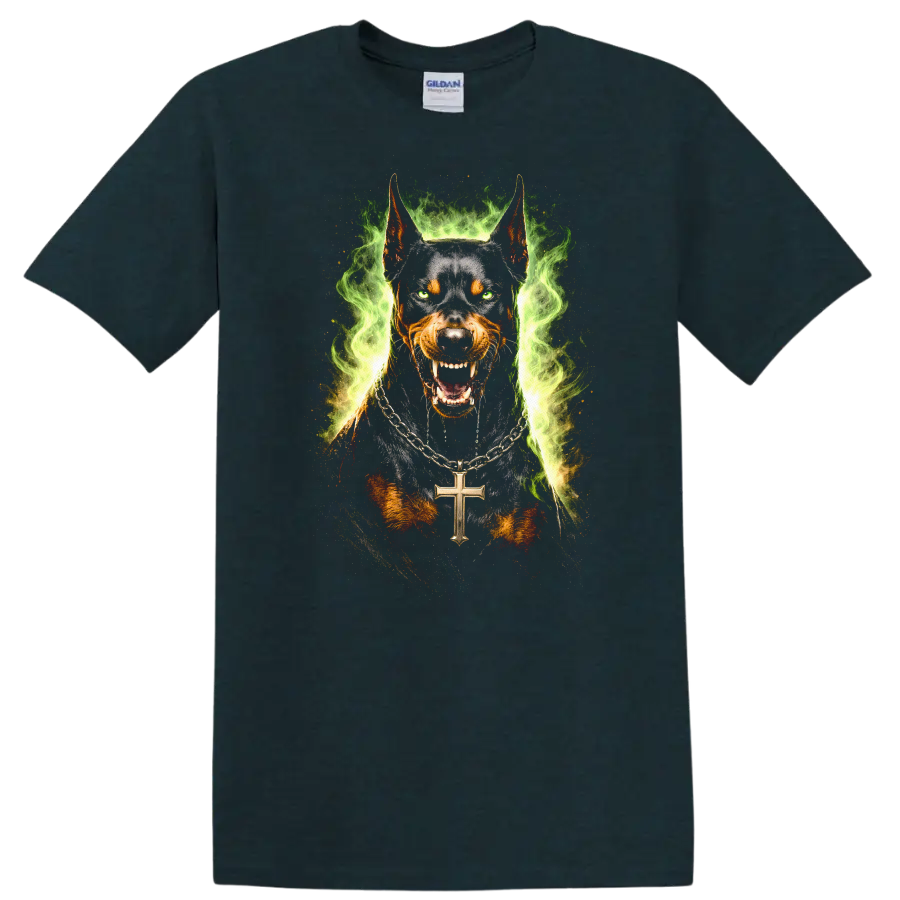Wild Doberman Dog Portrait Flame Ring T Shirt for Animal Lovers - Midnight (Green)