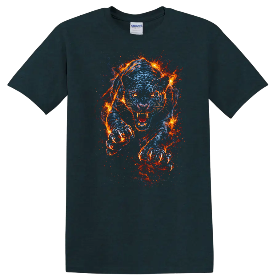 Blue Flaming Panther Attack T Shirt Fierce Fire Animal Graphic - Midnight (Green)