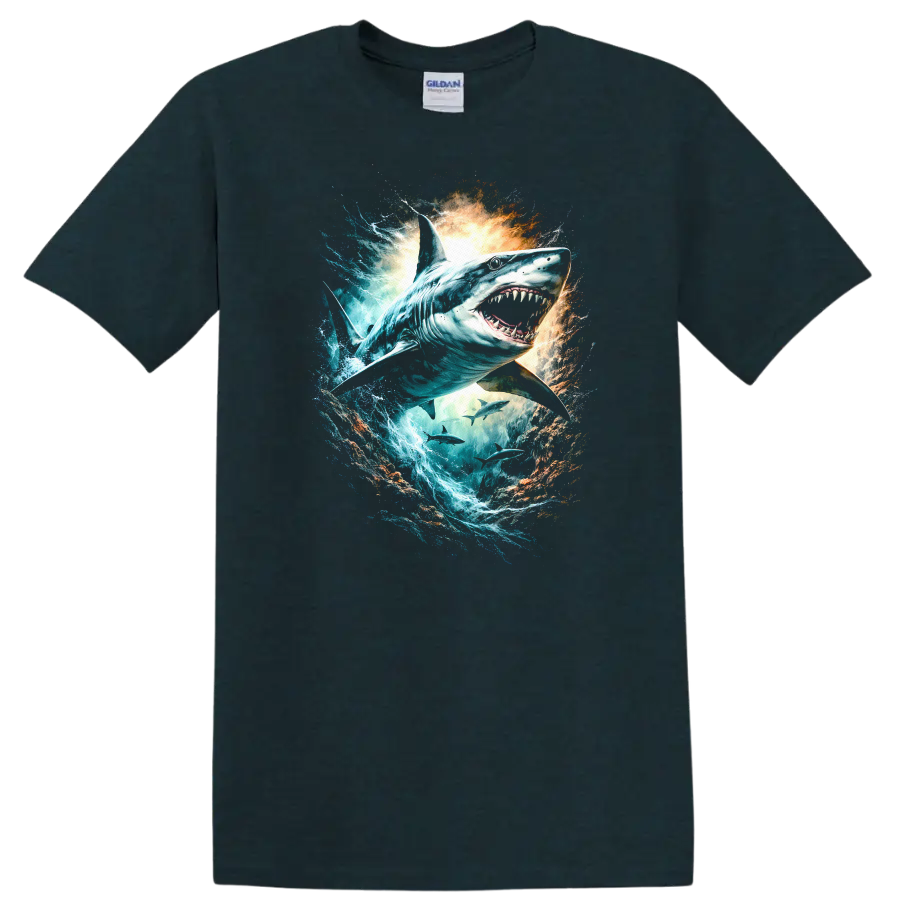 Great White Shark Splash Art Ocean Predator T Shirt - Midnight (Green)