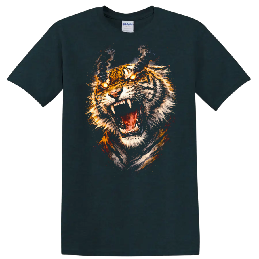Roaring Tiger Fire Eyes Fierce Animal Art T Shirt - Midnight (Green)