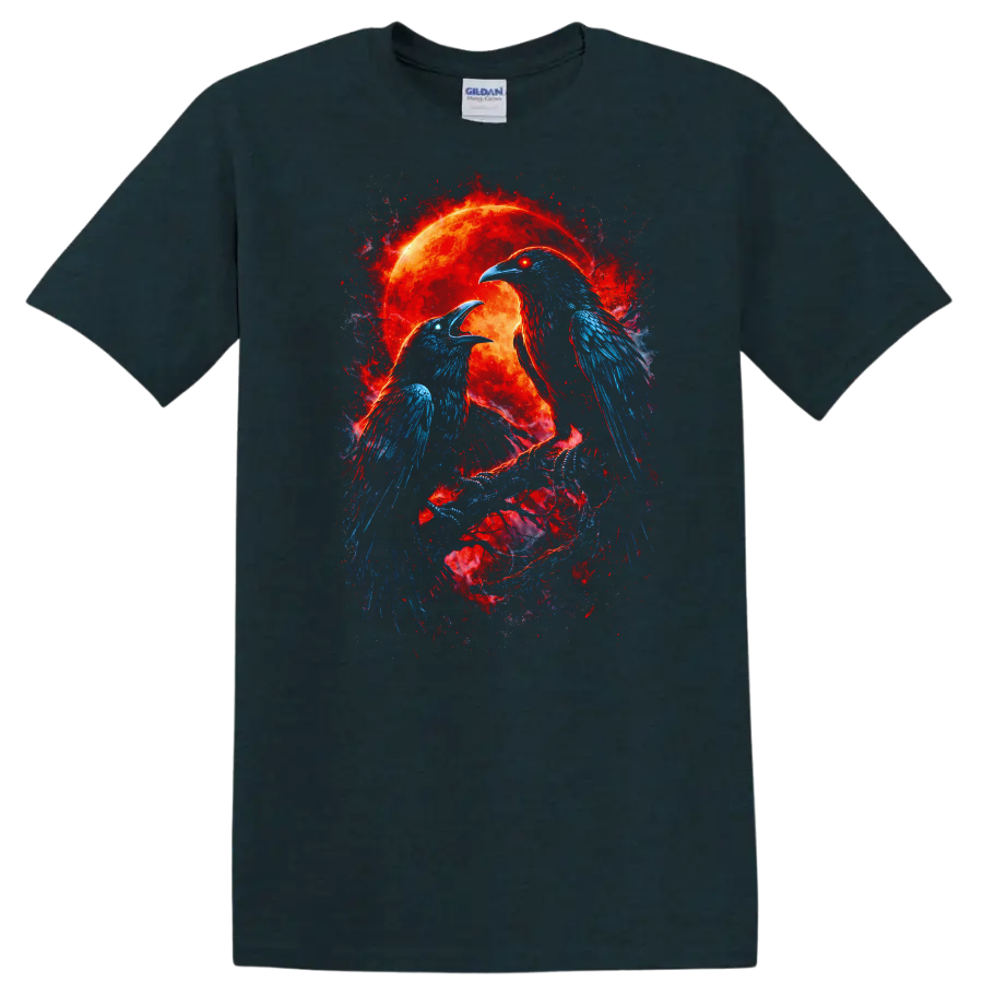 Fiery Raven Birds Eclipse Moon Graphic T Shirt Animal Energy Design - Midnight (Green)