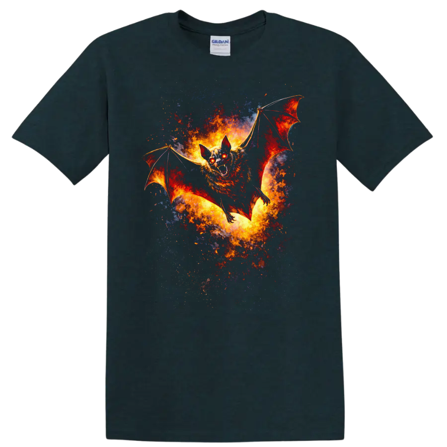 Fiery Bat in Flight Animal Art T Shirt for Fantasy Fans - Midnight (Green)
