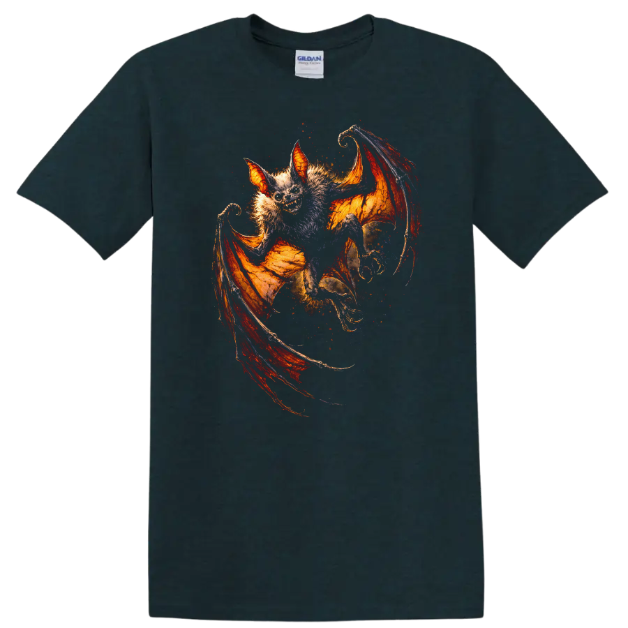 Fiery Winged Bat Animal Art T Shirt - Midnight (Green)