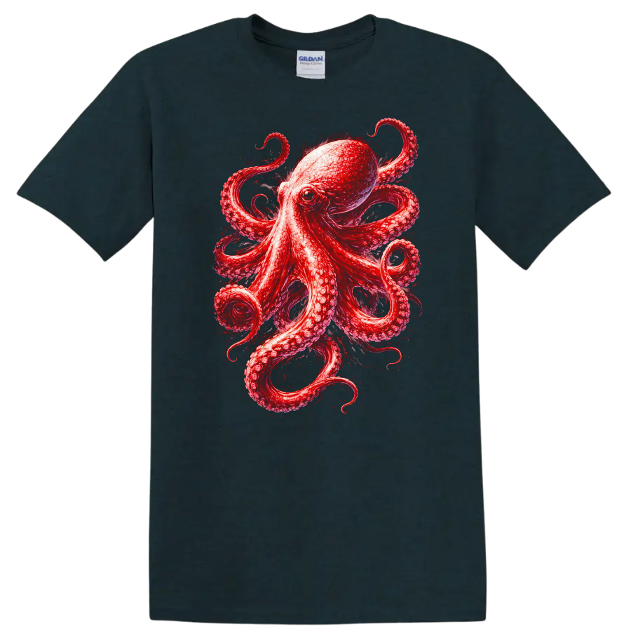 Red Octopus Animal Art Graphic T Shirt for Nature and Ocean Lovers - Midnight (Green)