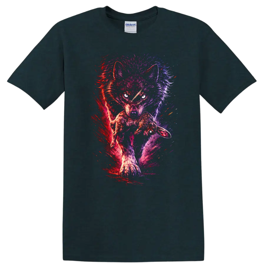 Neon Wolf and Rabbit Splash Art Animals T Shirt - Midnight (Green)