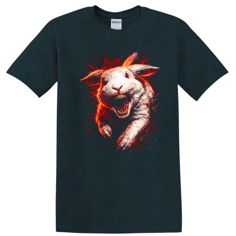 Raging White Rabbit Explosion Graphic T Shirt Fierce Animal Art - Midnight (Green)