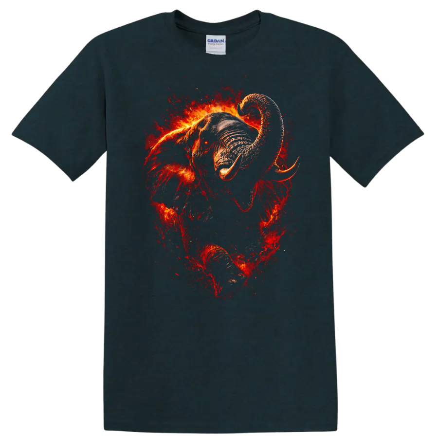 Fiery Elephant Art T Shirt Bold Wildlife Animal Graphic Tee - Midnight (Green)