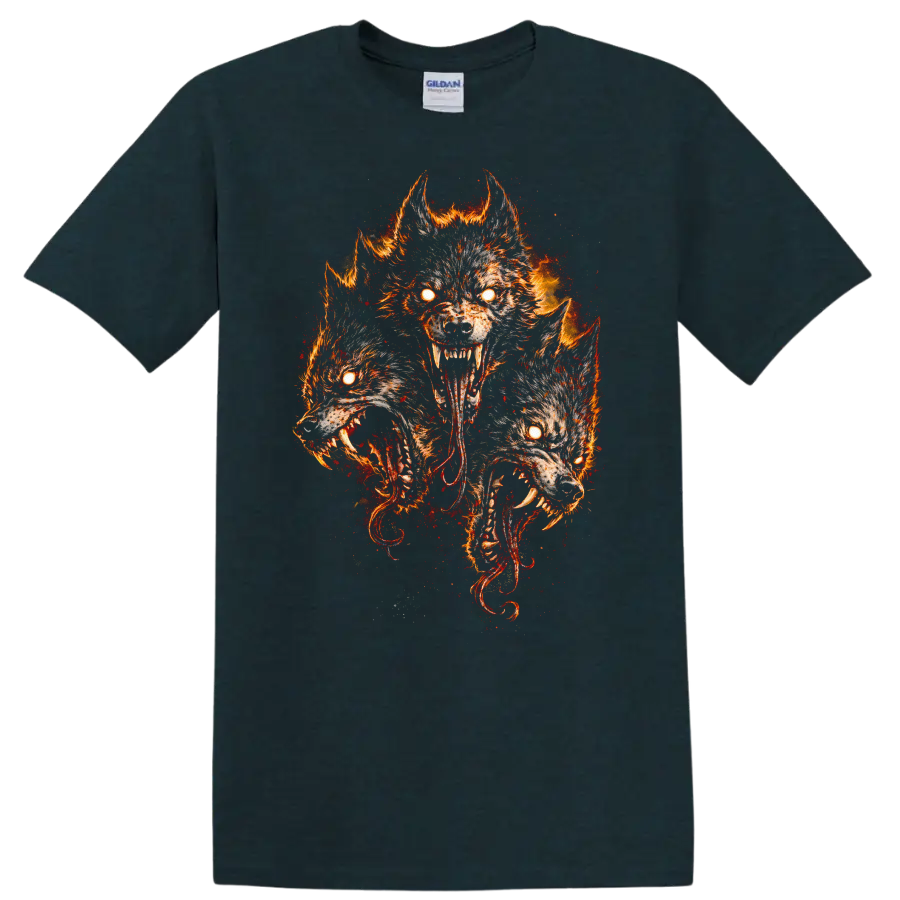 Fiery Three Wolf Moon Howling Wolves T Shirt Wild Animal Graphic Tee - Midnight (Green)