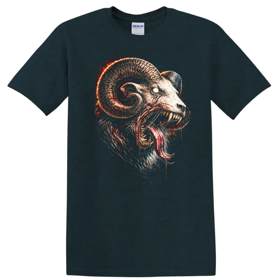 Raging Ram Skull Monster T Shirt Fierce Animal Horror Graphic - Midnight (Green)