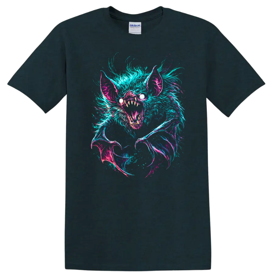 Neon Bat Creature Horror Graphic T Shirt for Dark Fantasy Animal Fans - Midnight (Green)