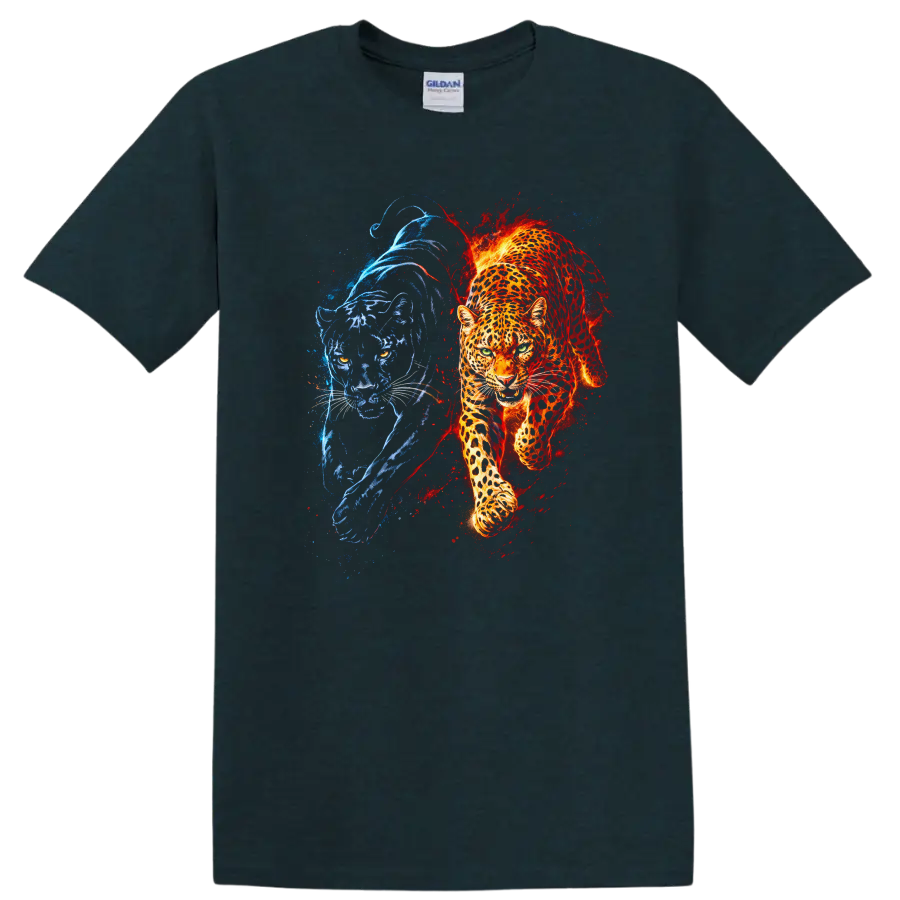 Fire and Ice Panther T Shirt Blue Red Big Cat Animal Graphic - Midnight (Green)
