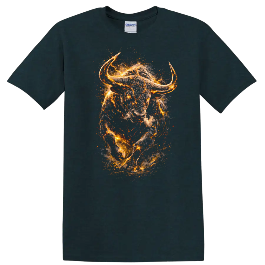 Fiery Charging Bull Head Animals T Shirt, Glowing Wild Energy Graphic - Midnight (Green)