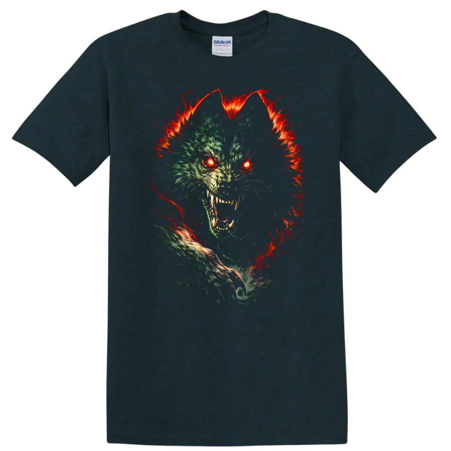 Glitch Wolf Fire Eyes Animal Graphic T Shirt for Bold Streetwear - Midnight (Green)