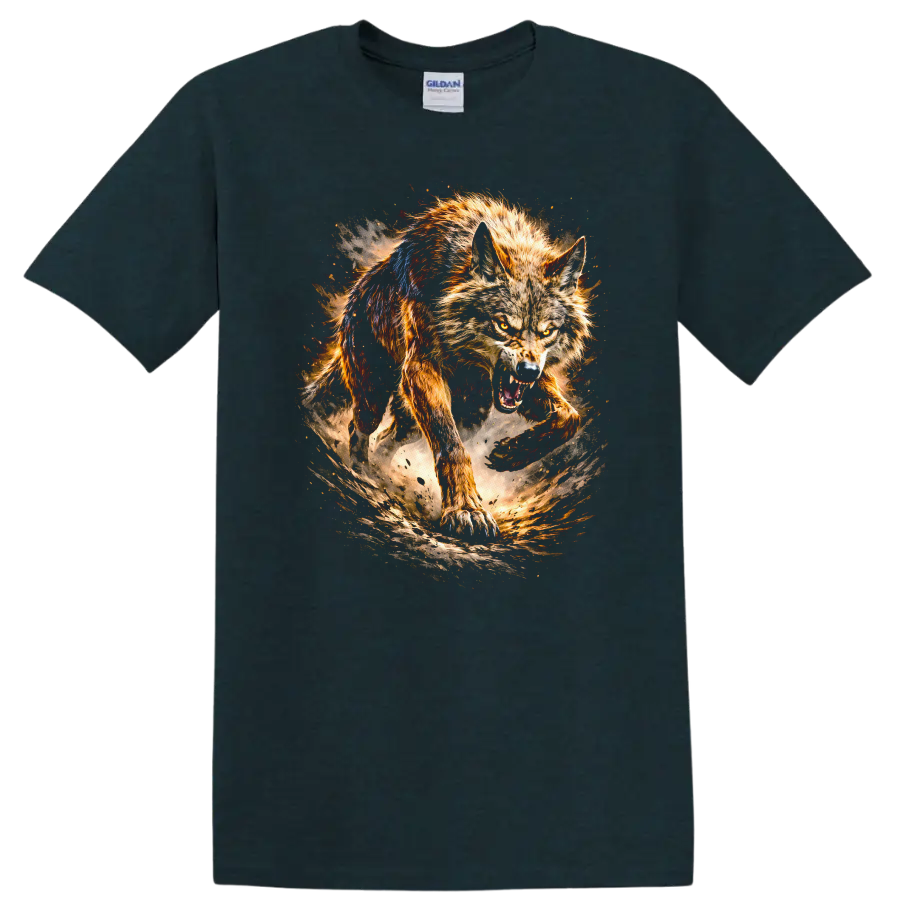 Fierce Wolf Running Through Fire Storm T Shirt Wild Animal Art - Midnight (Green)