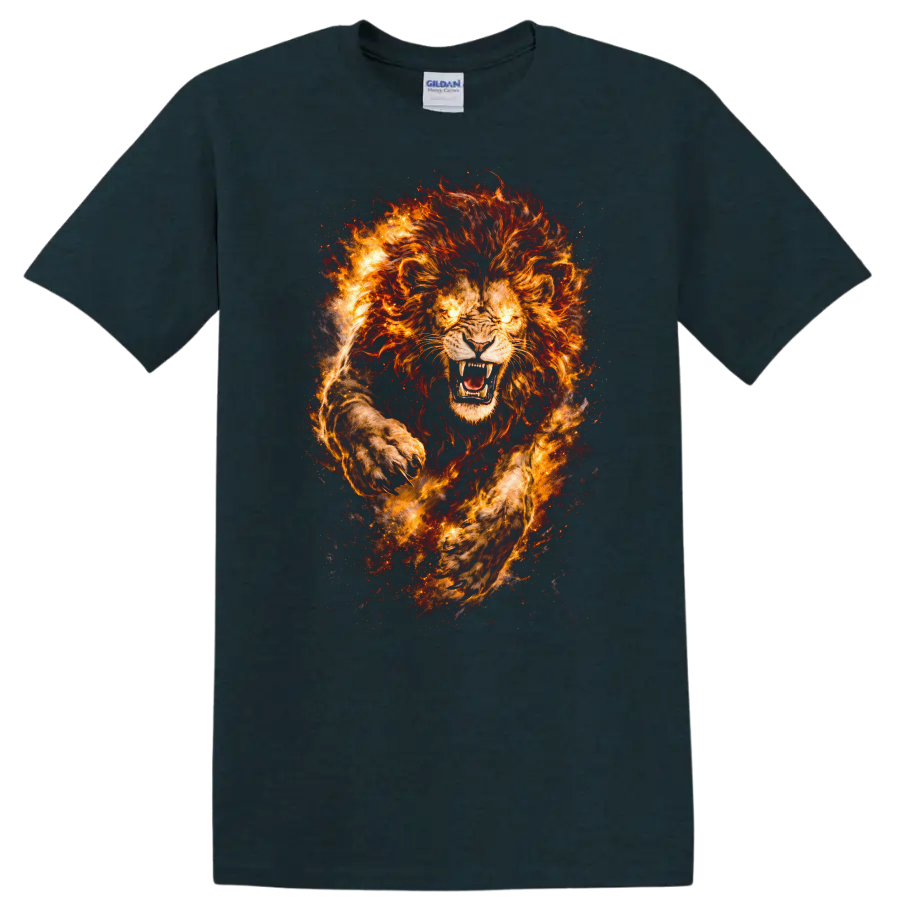 Fiery Lion Head T Shirt Roaring Wild Animal Graphic for Men Women - Midnight (Green)