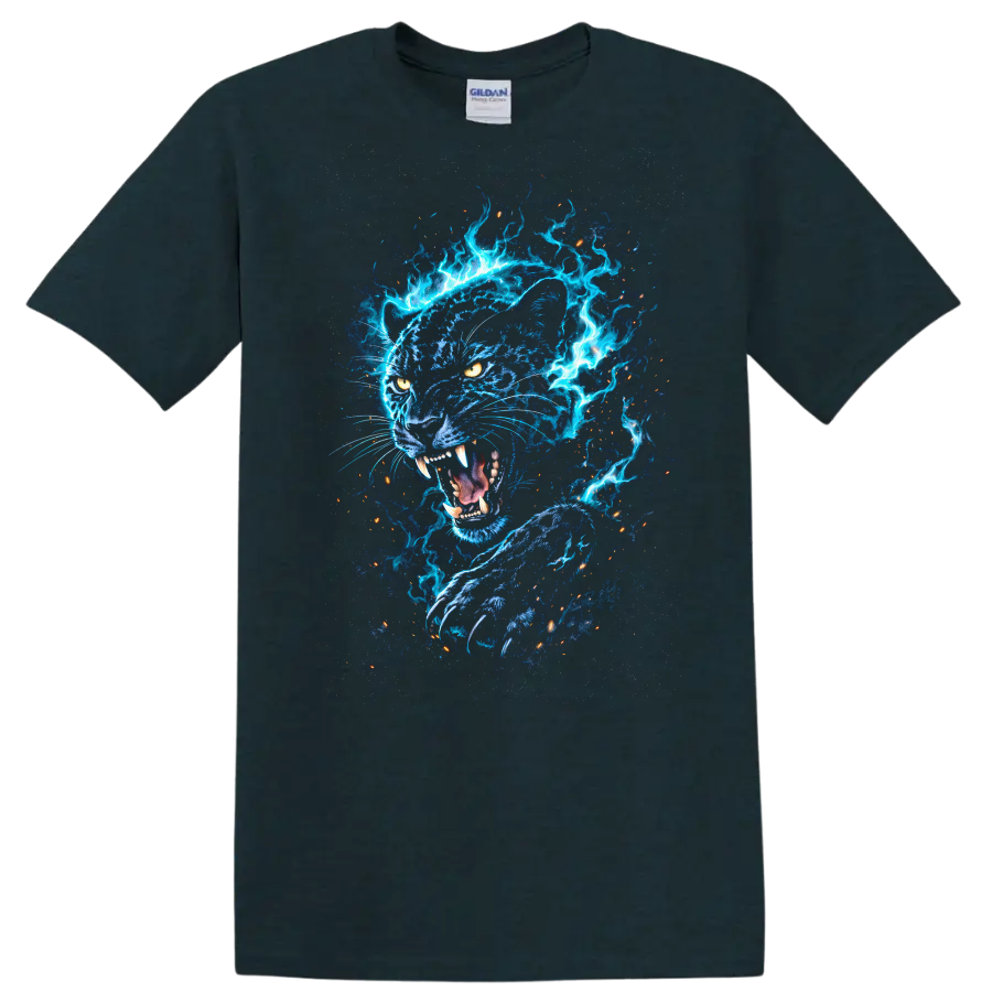 Electric Blue Panther Fireburst Graphic T Shirt for Animal Lovers - Midnight (Green)