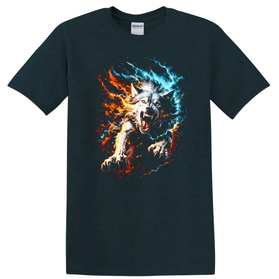 Fiery Ice Wolf Howling Animal Art T Shirt for Nature and Fantasy Fans - Midnight (Green)