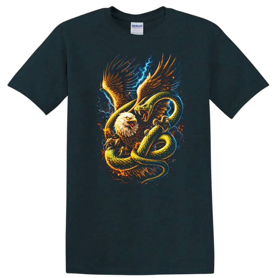 Fire and Ice Eagle Snake Battle Graphic T Shirt for Animal Art Fans - Midnight (Green)
