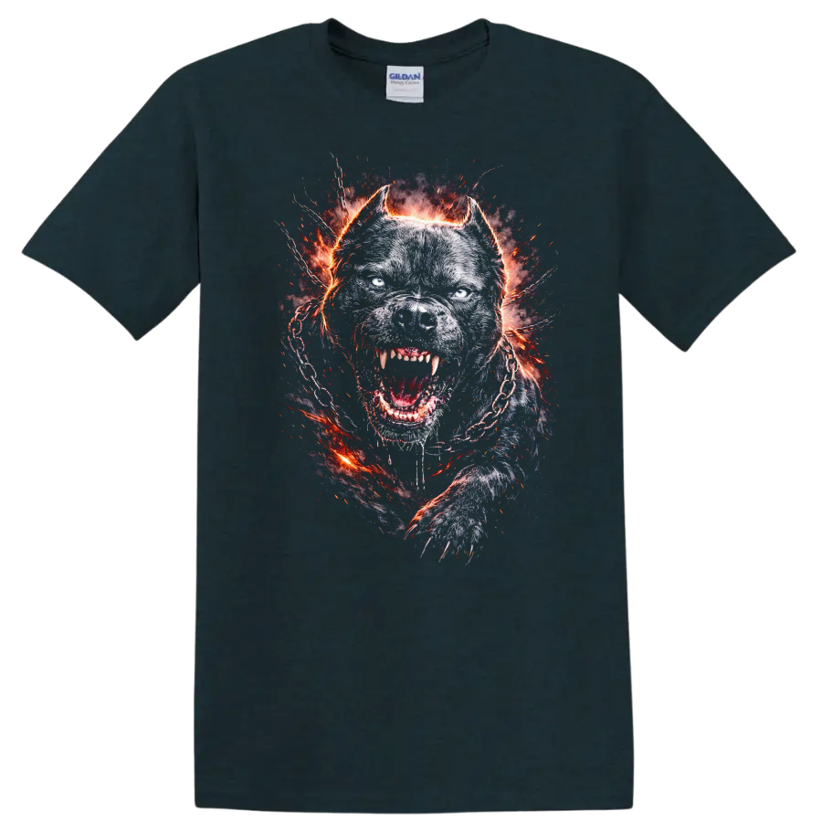 Fierce Pitbull Dog Head Fiery Chain T Shirt for Animal Lovers - Midnight (Green)