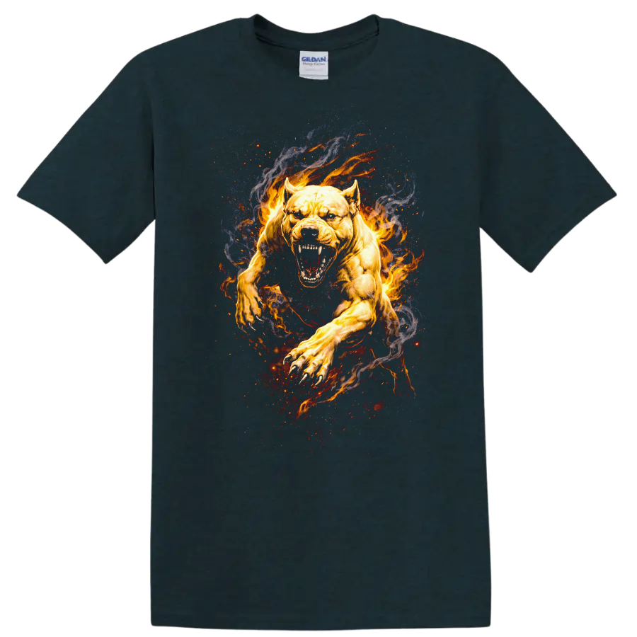 Fiery Pitbull Attack Art T Shirt Aggressive Animal Graphic - Midnight (Green)