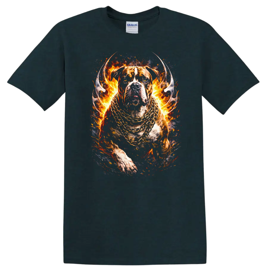 Fiery Pit Bull Dog with Gold Chains Animal T Shirt - Midnight (Green)