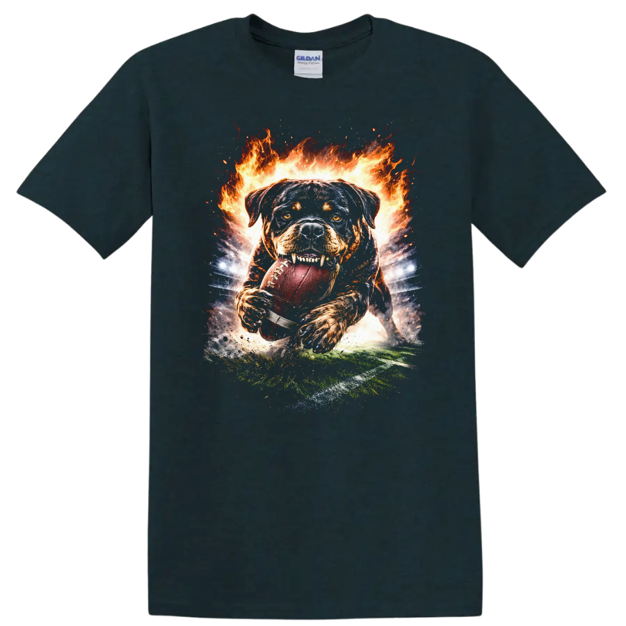 Flaming Football Dog Catching Ball Action Sports T Shirt - Midnight (Green)