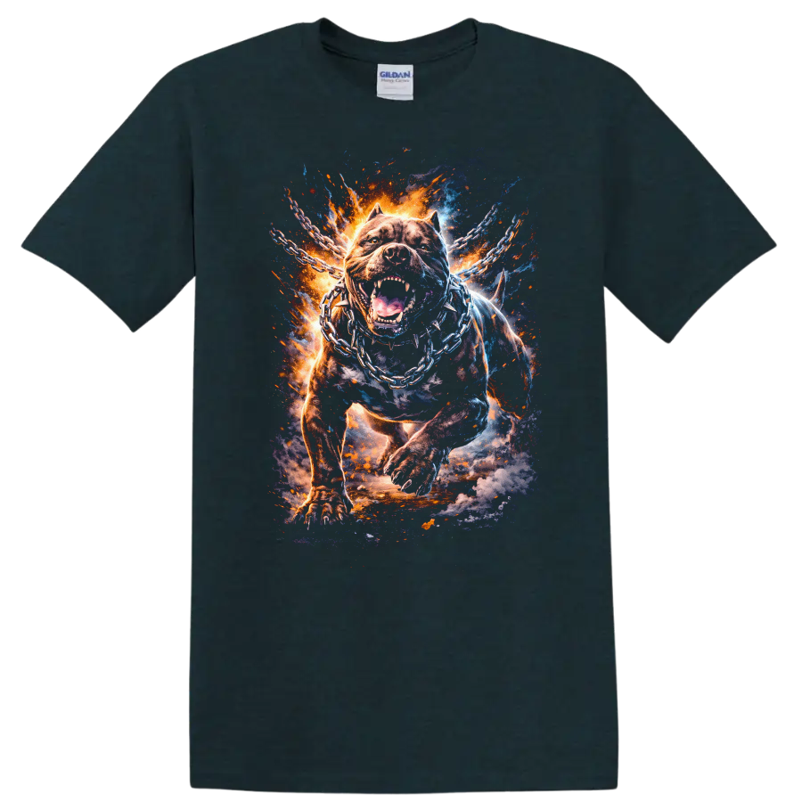 Fierce Pitbull Chains Fire Burst Graphic T Shirt for Dog Lovers - Midnight (Green)