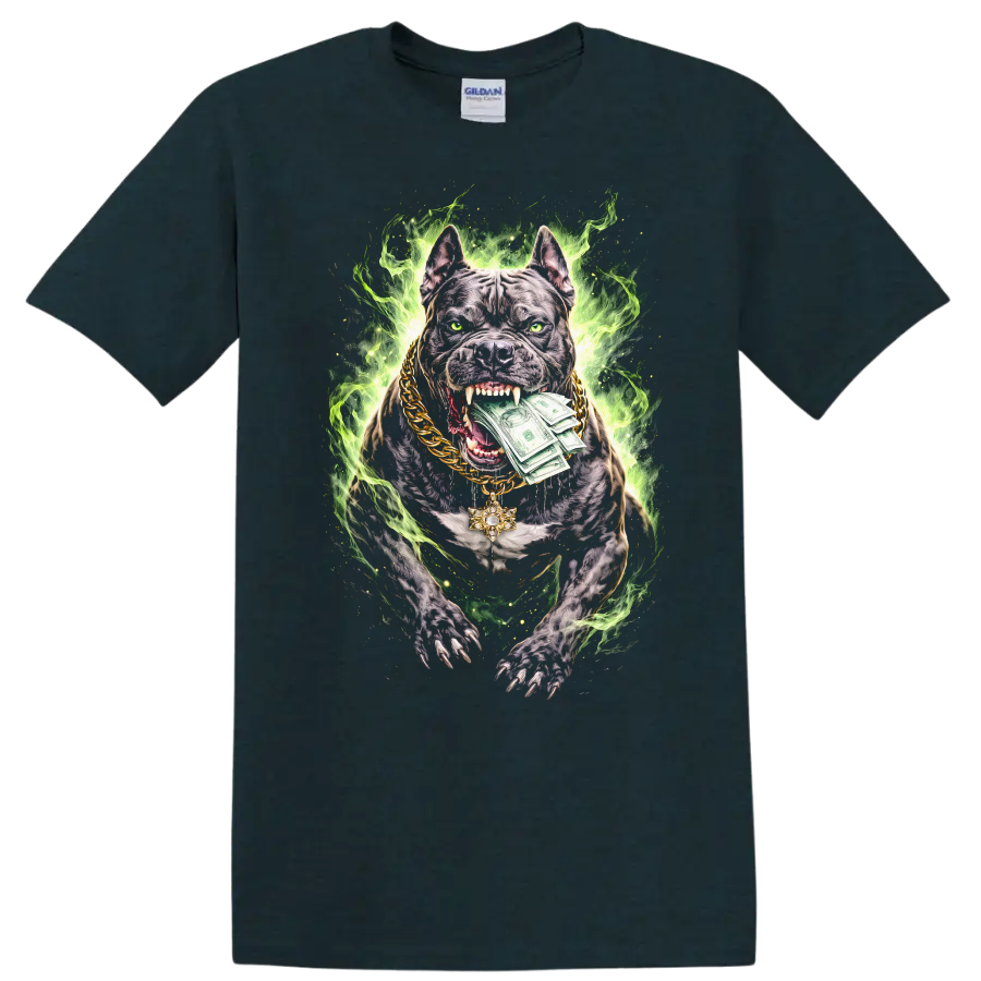 Neon Pitbull Money Dog Graphic T Shirt Fierce Streetwear Style - Midnight (Green)