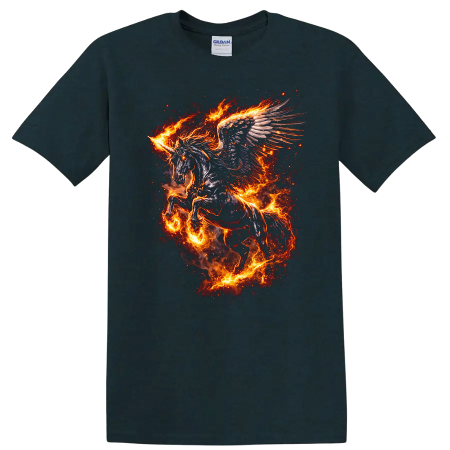 Fiery Winged Unicorn T Shirt Fantasy Animal Flame Art Graphic - Midnight (Green)