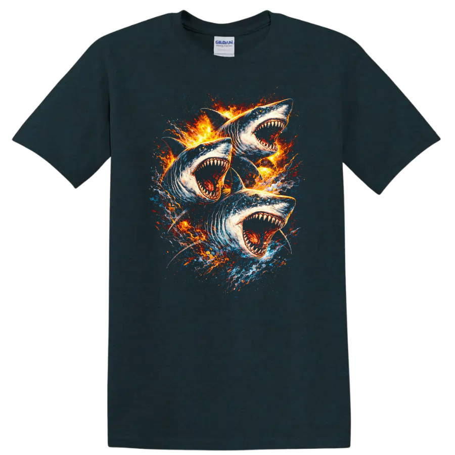 Fire Shark Trio Graphic T Shirt Bold Ocean Predator Design - Midnight (Green)