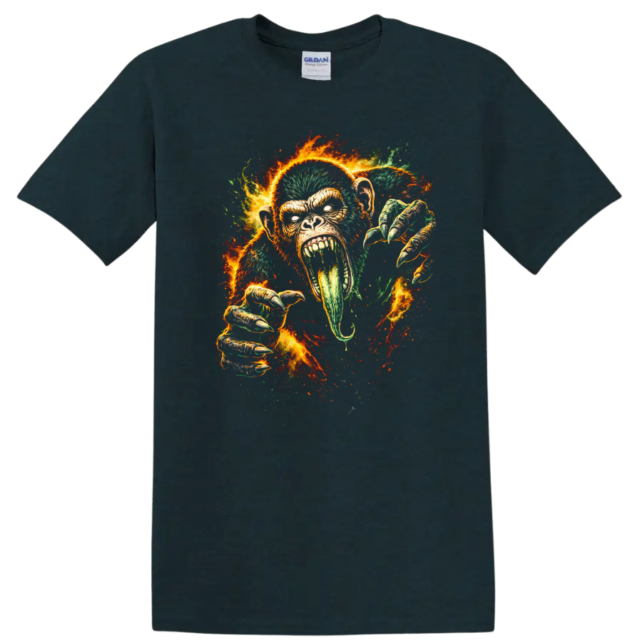 Fiery Angry Gorilla Face T Shirt Bold Primate Animal Graphic - Midnight (Green)