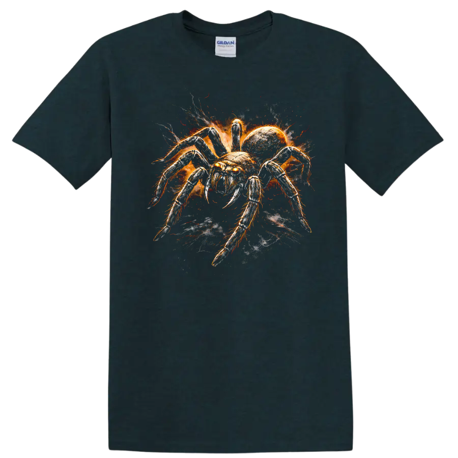 Fiery Spider Animal Art T Shirt Spooky Insect Graphic for Nature Fans - Midnight (Green)