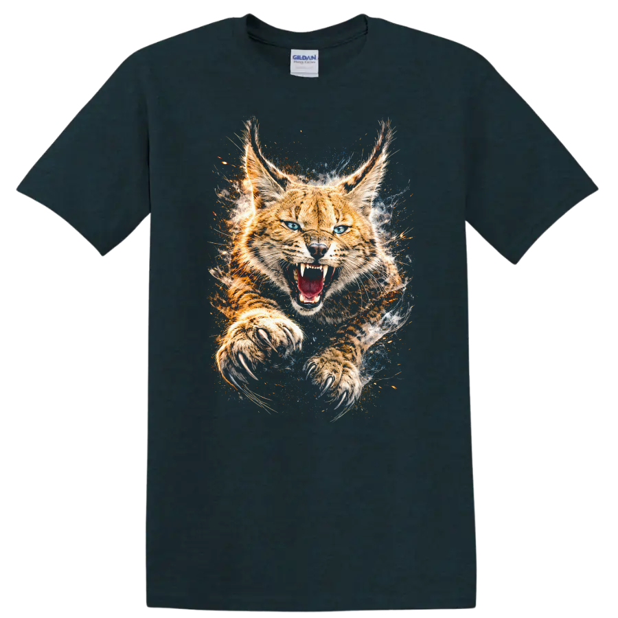 Roaring Bobcat Big Cat Claw Strike T Shirt Wild Animal Graphic - Midnight (Green)