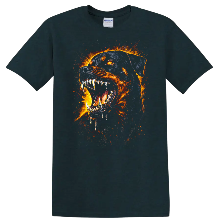 Fiery Rottweiler Dog Face T Shirt Flame Art Animal Graphic - Midnight (Green)