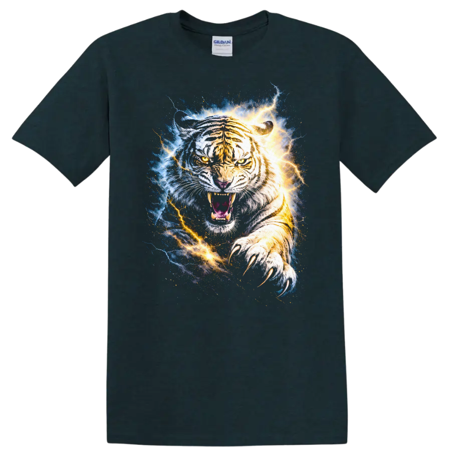 Fierce White Tiger Lightning Burst Graphic T Shirt Unisex Animal Art - Midnight (Green)
