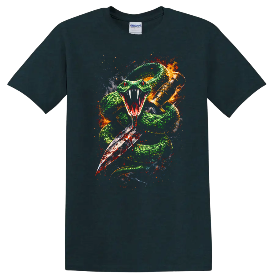 Fierce Snake and Sword Graphic T Shirt Green Fire Fantasy Animal - Midnight (Green)